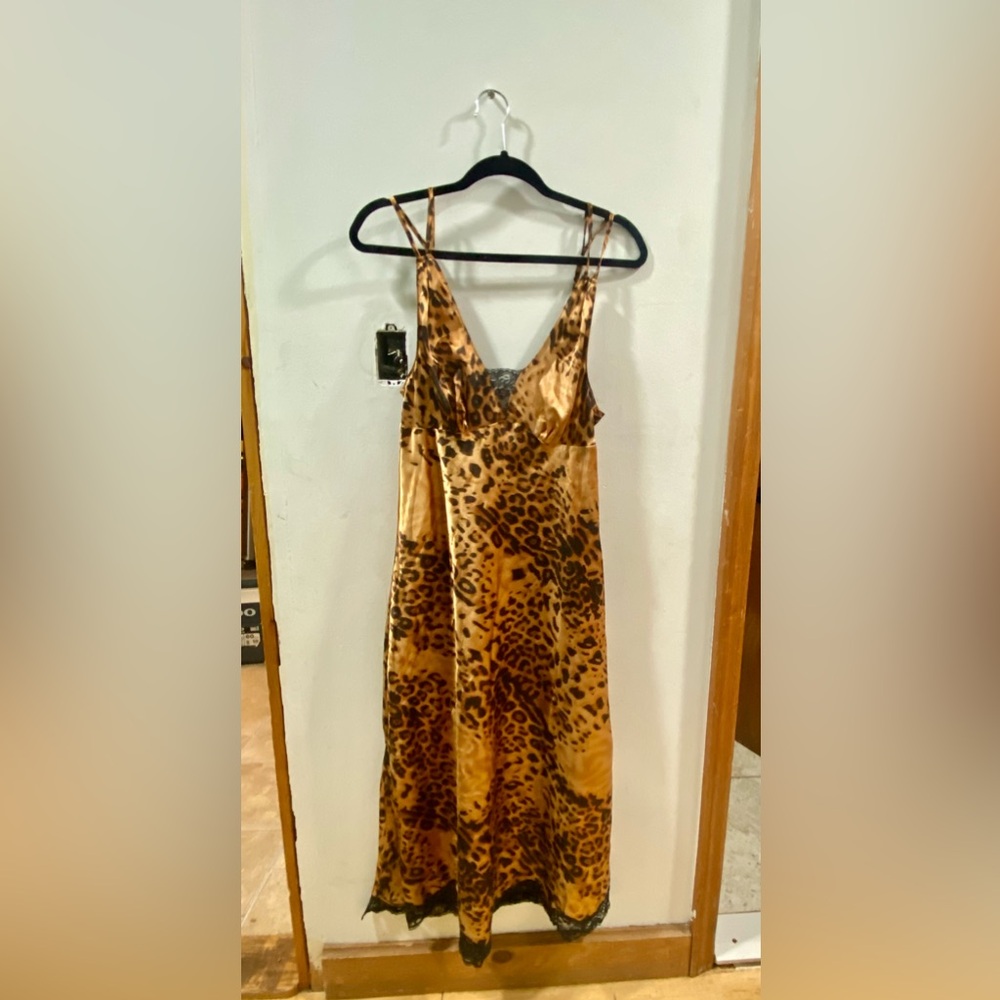 Y2K Leopard Print Satin Slip Dress Maxi Lace Trim Mob Wife Size S